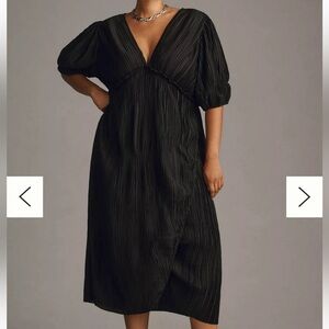 Anthropologie Black V Neck Pleated Slim Midi Dress